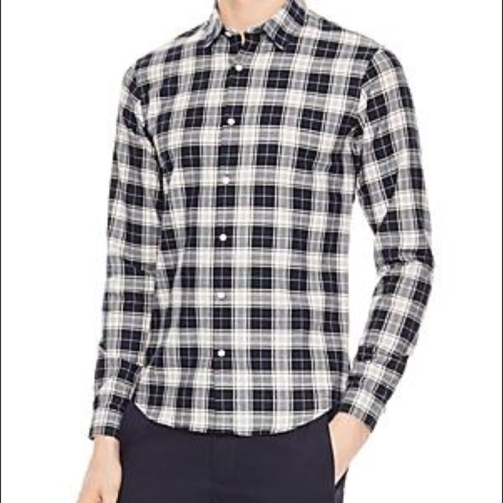 Sandro - Check Brushed Cotton Shirt, Navy / White Plaid , Size Large